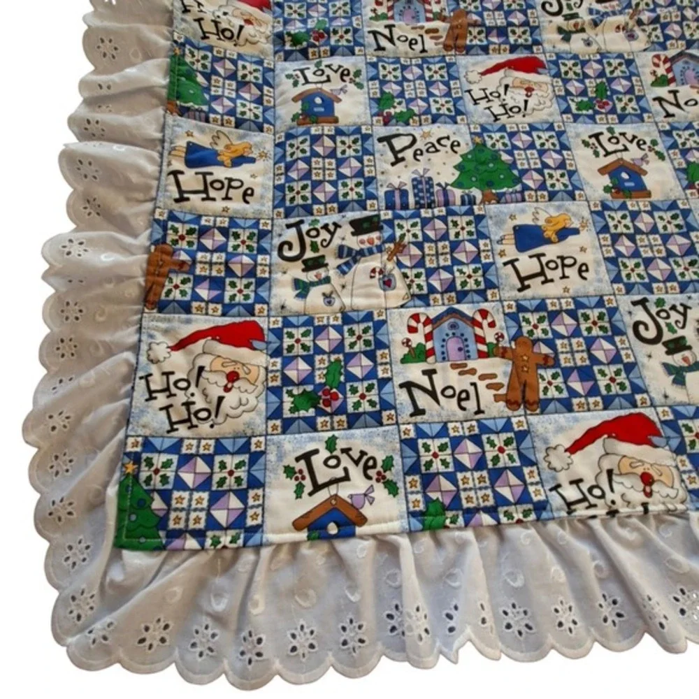Quilted Throw Blanket With Ruffled Eyelet Trim Santa Snowman Joy Quilt